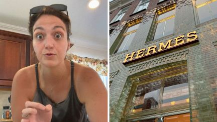 woman shares jewelry issue (l) hermes store front (r)