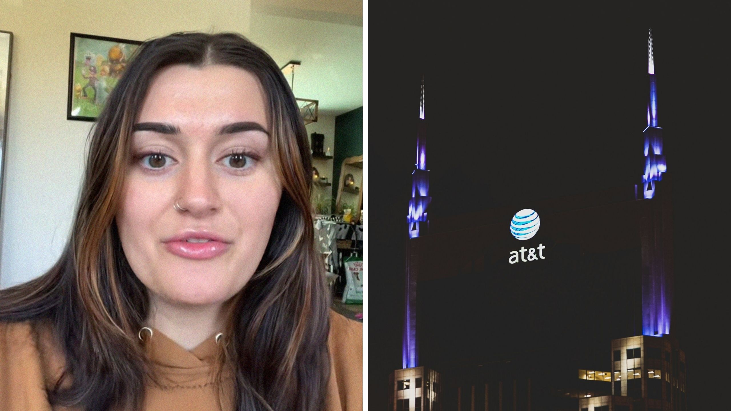 woman shares billing issues (l) AT&T tower (r)