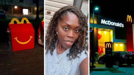 happy meal (l) woman shares purchase encounter (c) mcdonalds entrance (r)