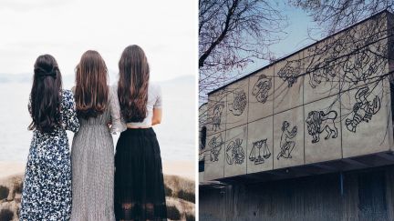 group of 3 friends (l) zodiac signs (r)