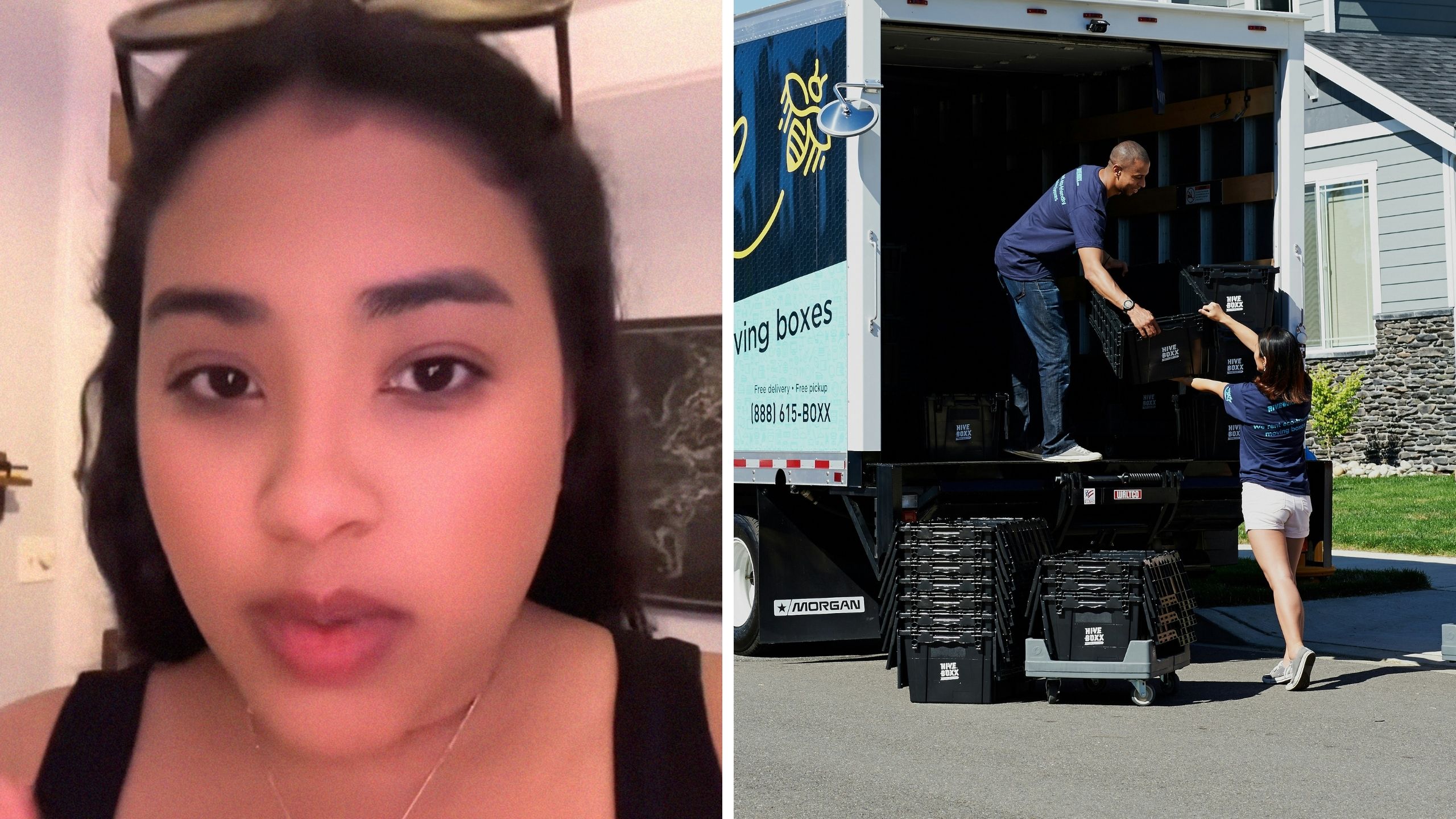 woman shares movers scam (l) movers truck being loaded (r)