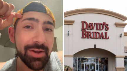 man shares work experience (l) david's bridal entrance (r)