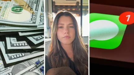 hundred dollar bills (l) woman shares DMs issue (c) message notification (r)