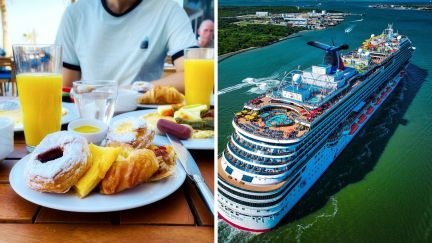 man having free cruise breakfast (l) carnival cruise (r)