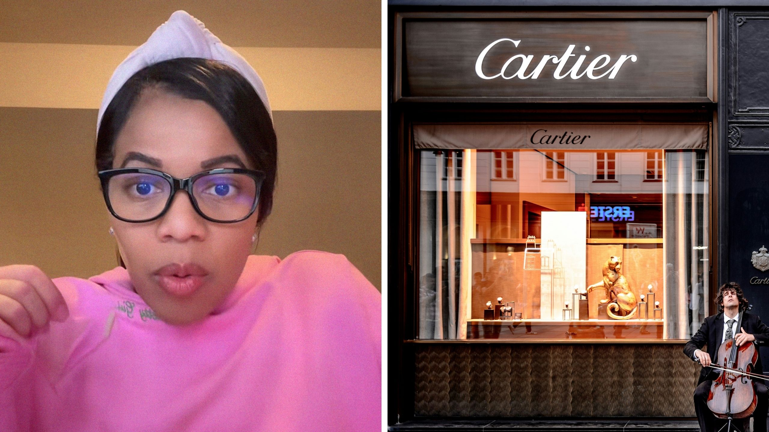 woman shares bracelet issue (l) cartier store entrance (r)
