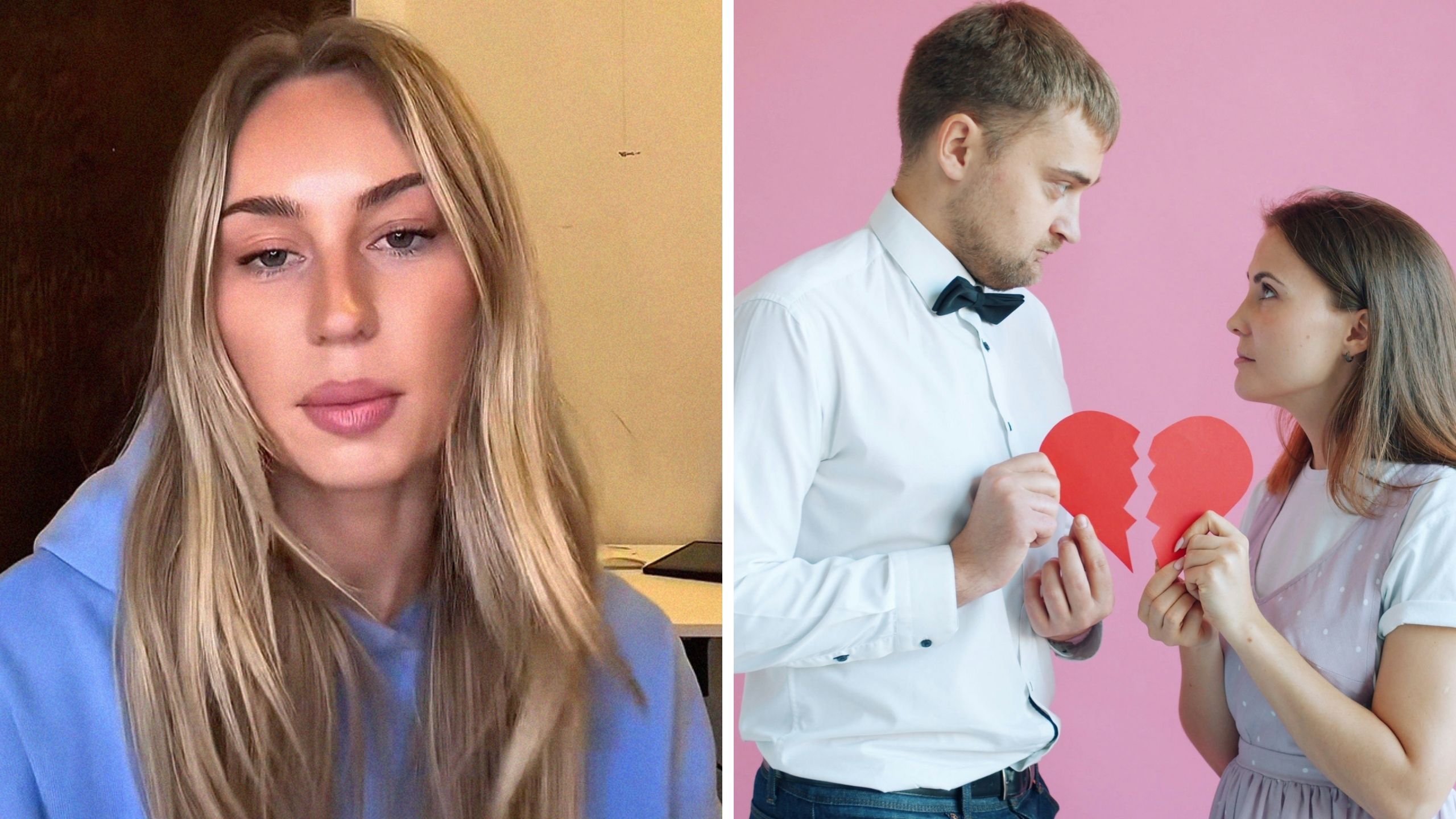 woman shares partners infidelity (l) broken heart between couple (r)