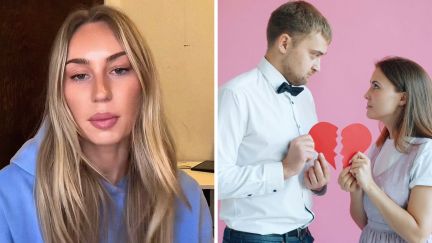woman shares partners infidelity (l) broken heart between couple (r)