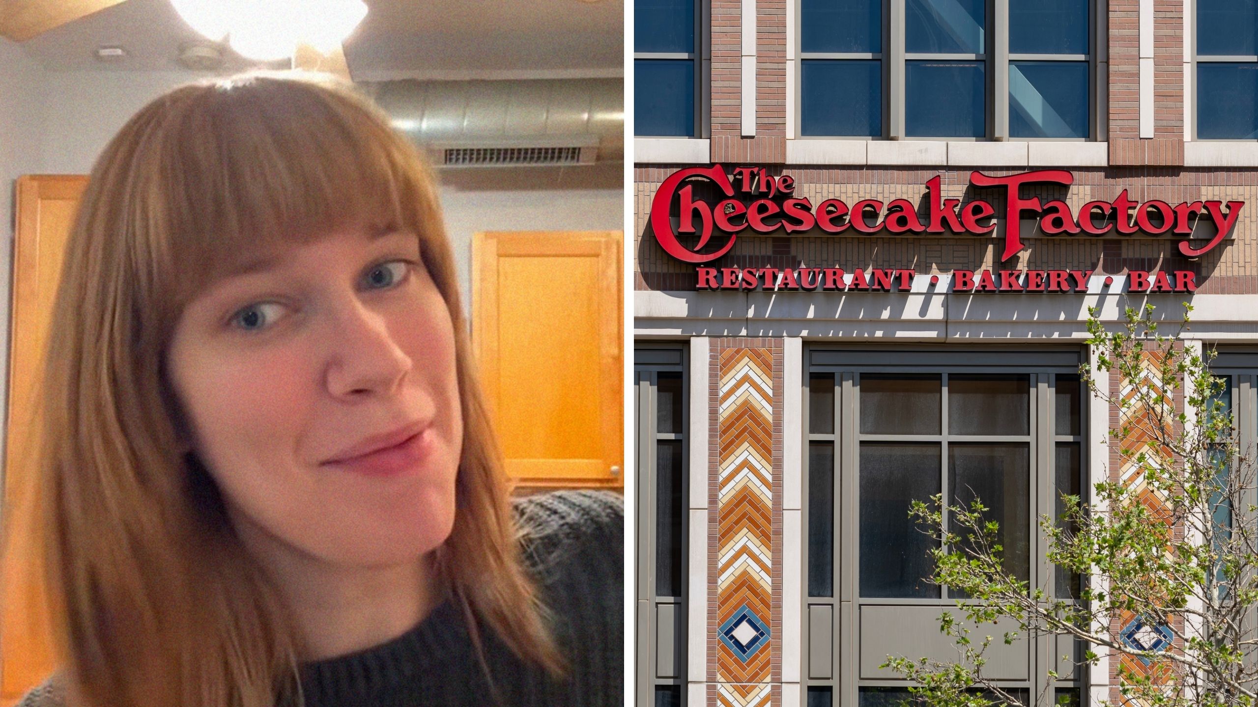 woman shares resume experience (l) the cheesecake factory entrance (r)