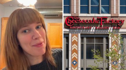 woman shares resume experience (l) the cheesecake factory entrance (r)