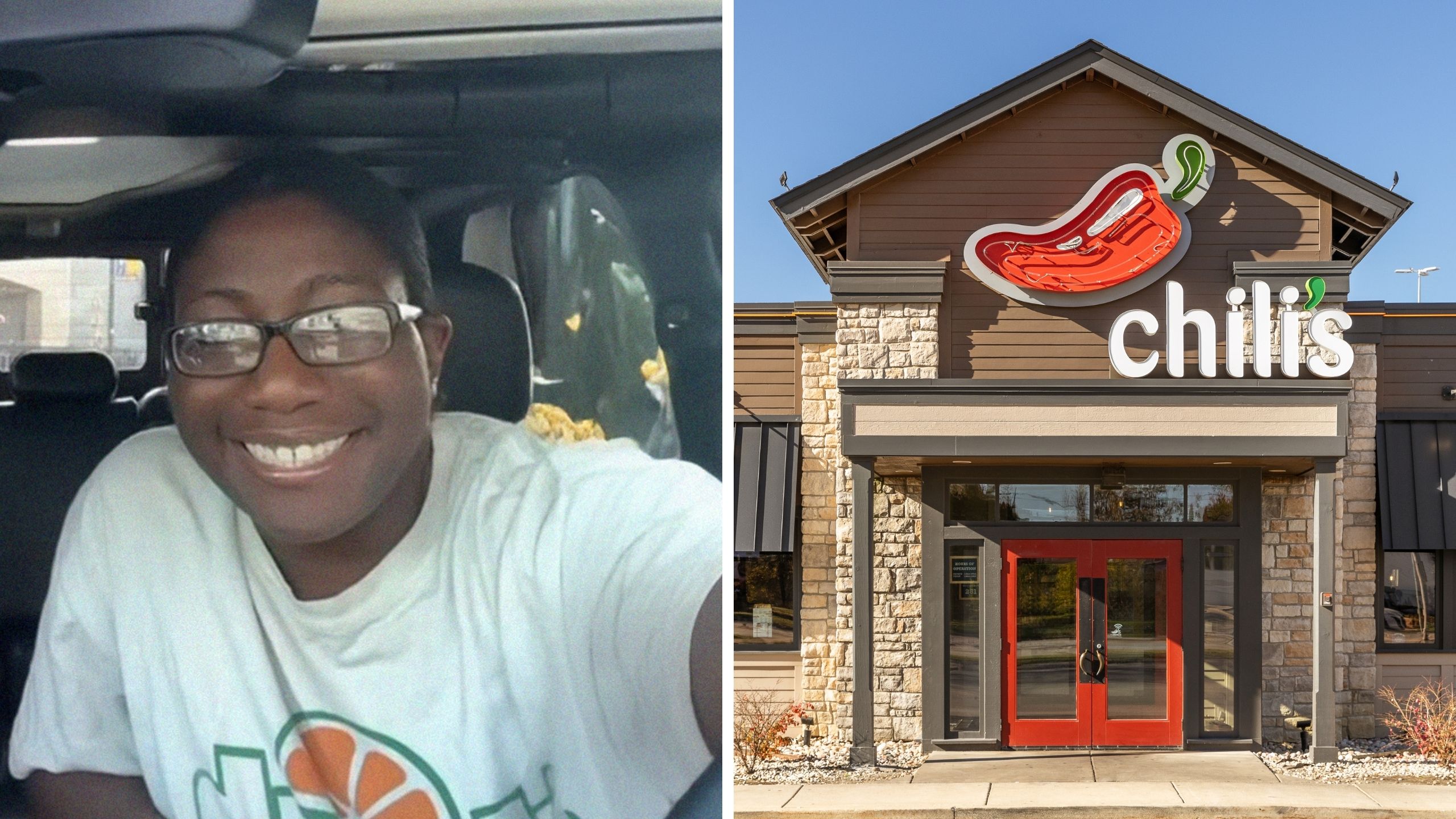 woman shares chili's experience (l) chili's entrance (r)