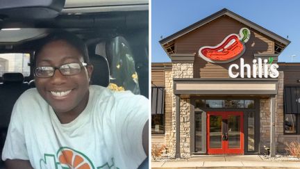 woman shares chili's experience (l) chili's entrance (r)