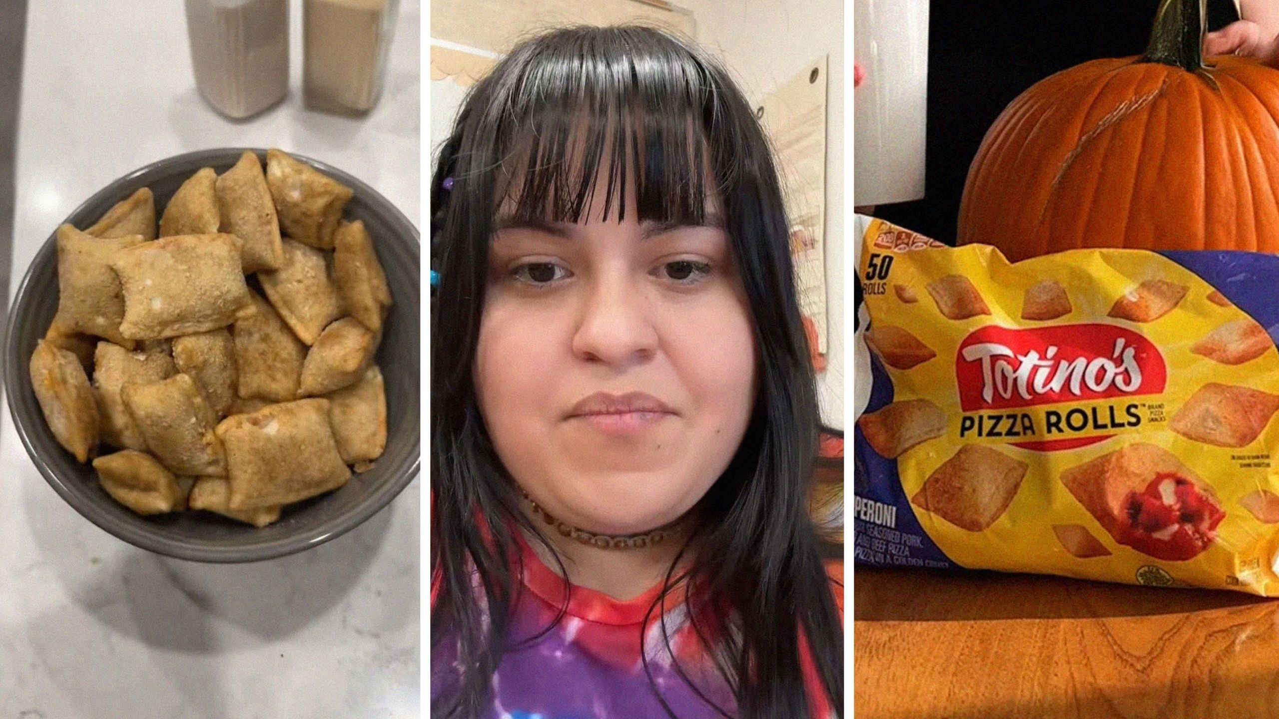 pizza rolls (l) woman shares her dinner (c) totino's pizza rolls (r)