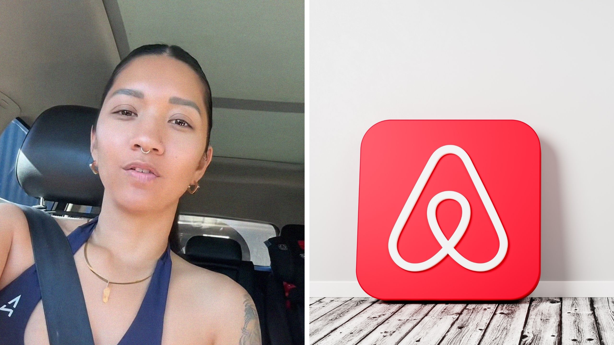 woman shares home issue (l) airbnb app (r)