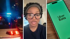 police car (l) woman shares uber eats experience (c) uber eats app (r)