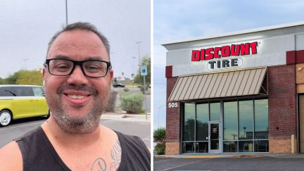 man shares work story (l) discount tire entrance (r)