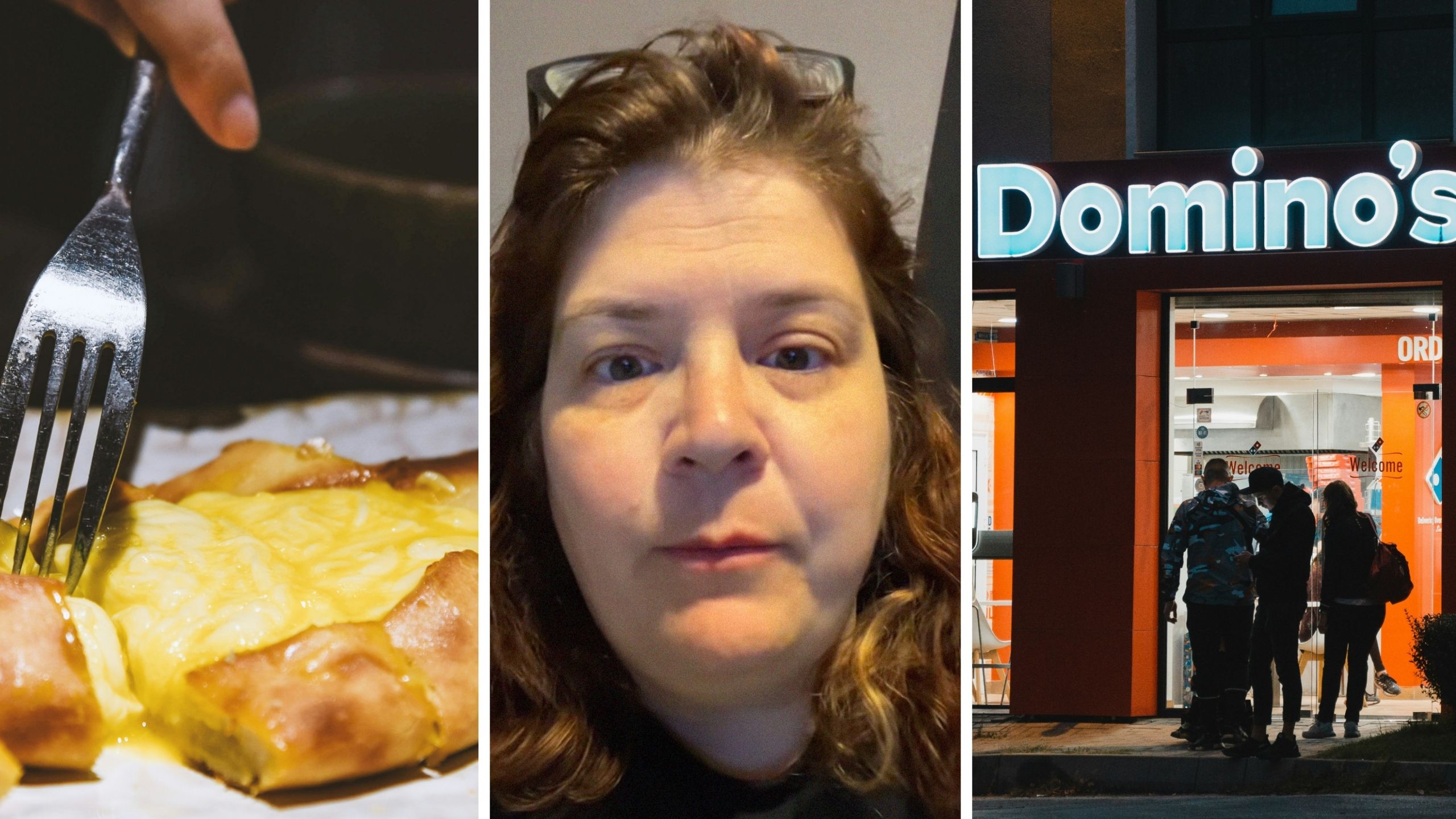 cheese bread (l) woman shares domino's issue (c) domino's entrance (r)