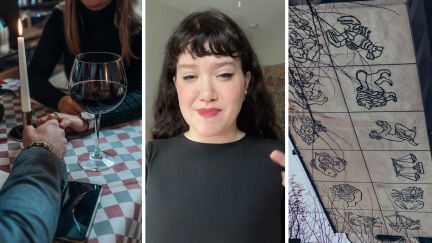 couple dating (l) woman shares dating experience (c) zodiac signs (r)