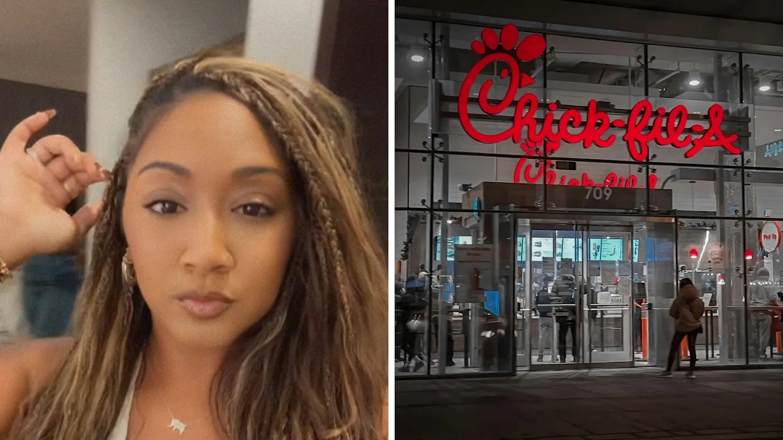 woman shares food purchase (l) chick-fil-a entrance (r)
