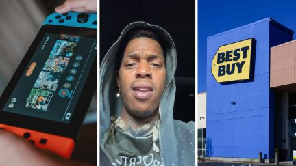 game console (l) man shares scam issue (c) best buy entrance (r)