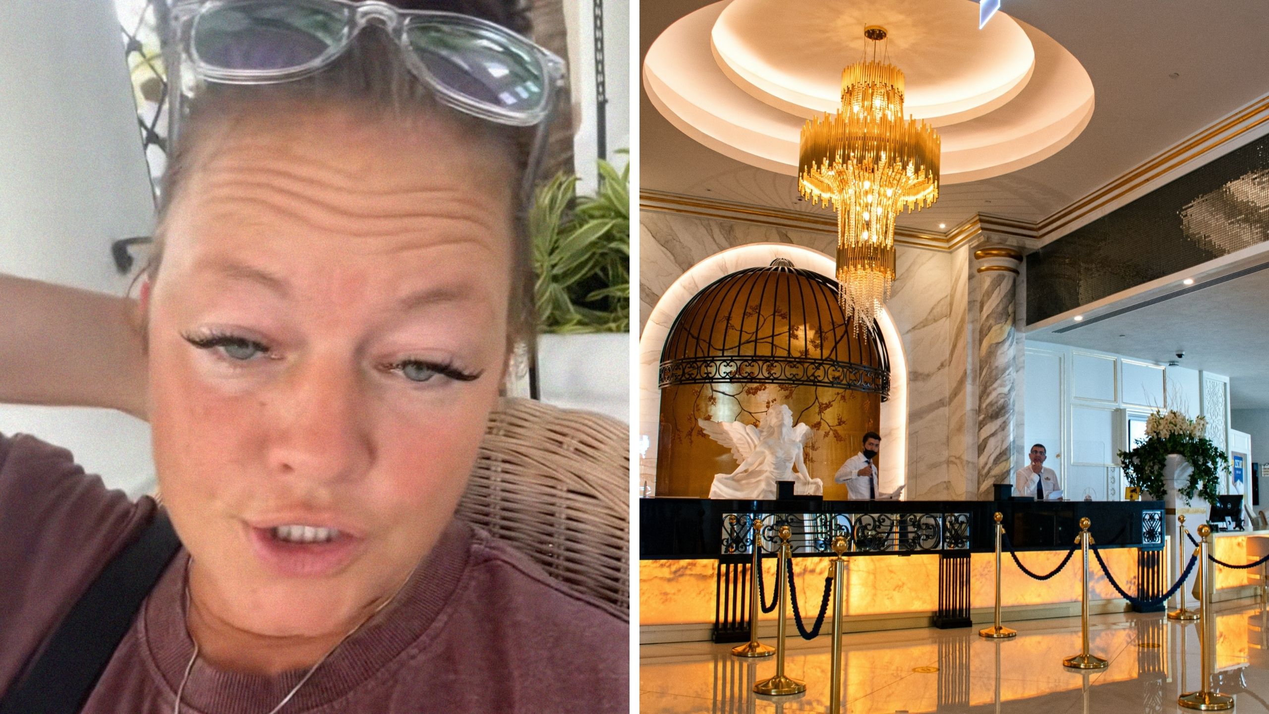 woman shares hotel issue (l) hotel lobby (r)