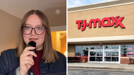 woman expresses shopping disappointment (l) tj maxx store front (r)