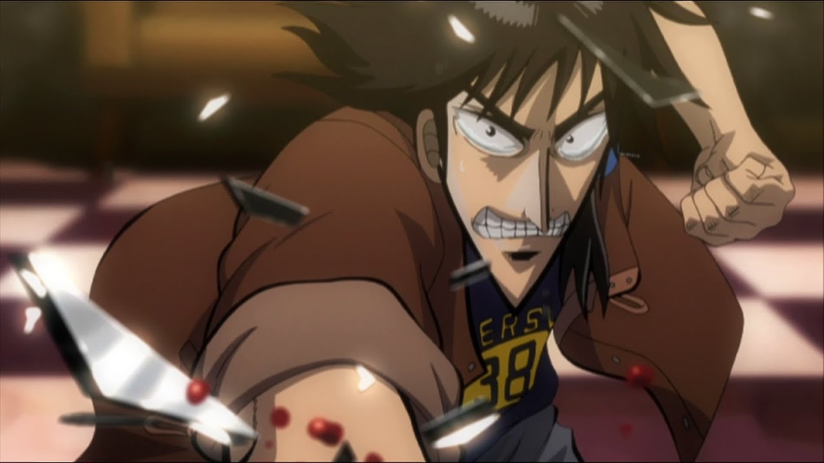 A wild eyed man punches through glass in "Kaiji: Ultimate Survivor" 
