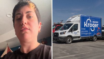 woman shares work issue (l) kroger delivery truck (r)