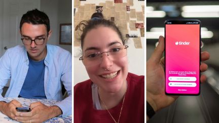 man texting (l) woman shares tinder experiment (c) tinder app (r)