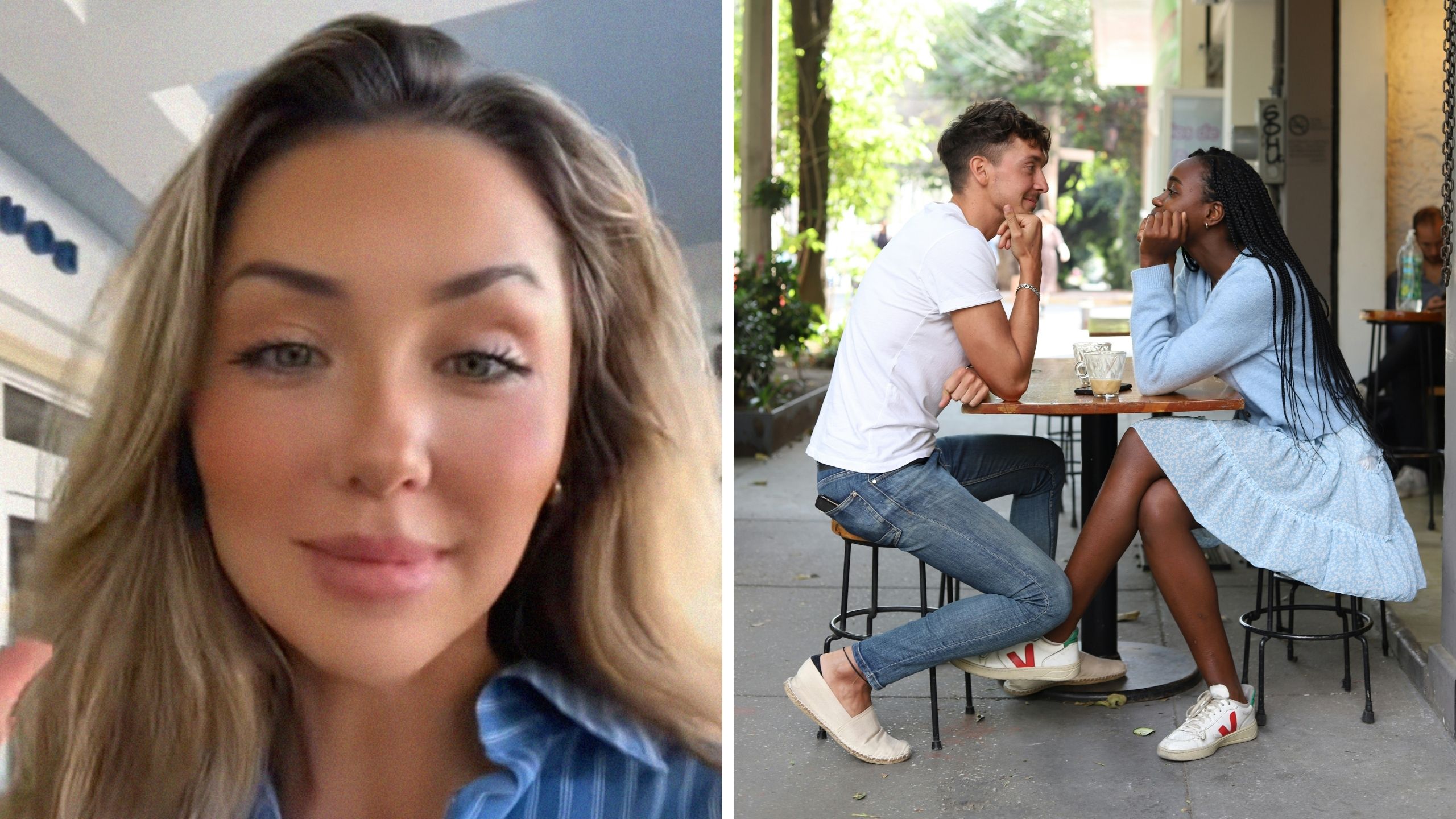 woman shares dating tips (l) couple on a date (r)