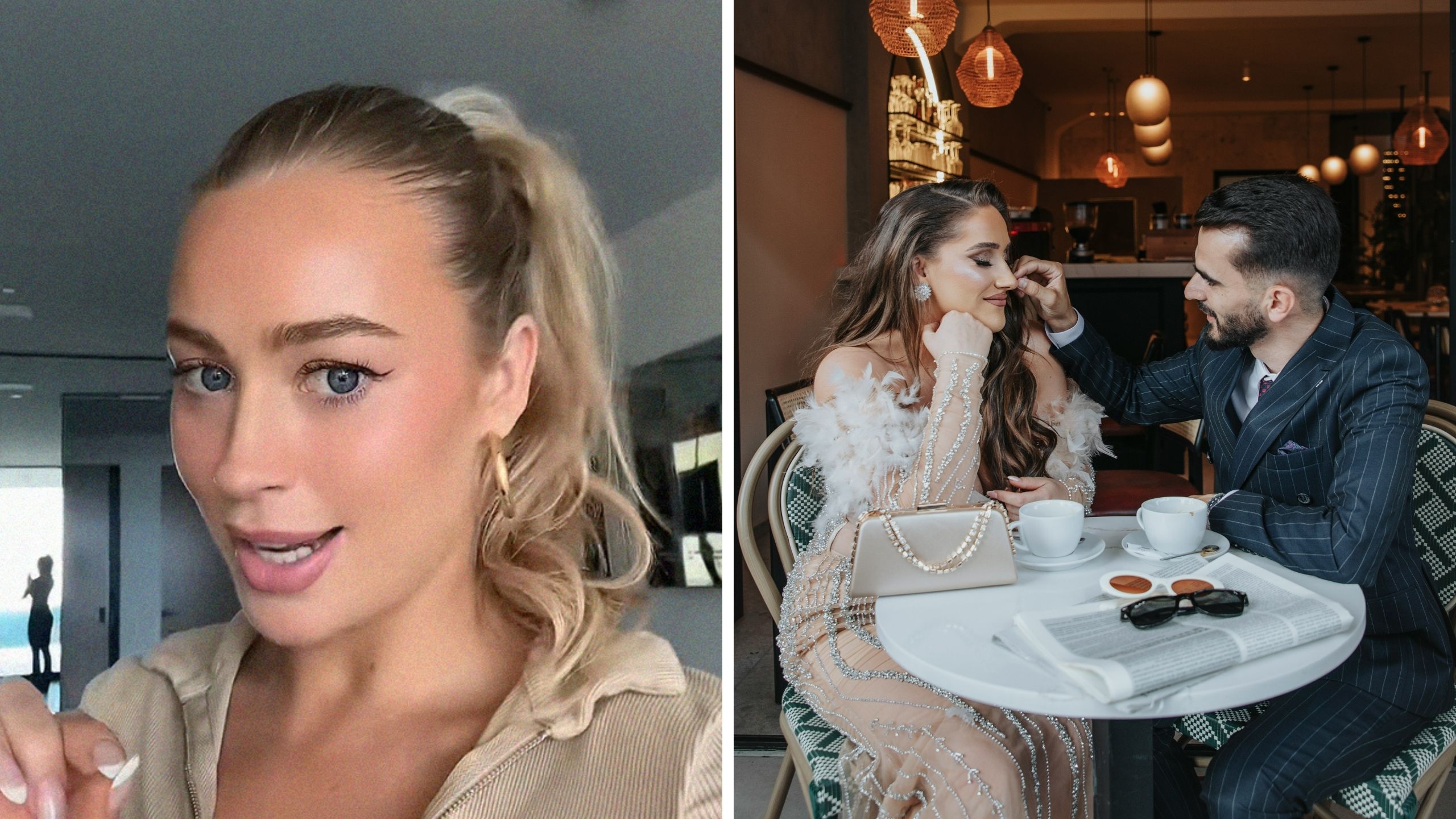 woman shares date experience (l) elegant dressed couple at casual place (r)