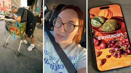 man grocery shopping (l) woman shares instacart issue (c) instacart app (r)