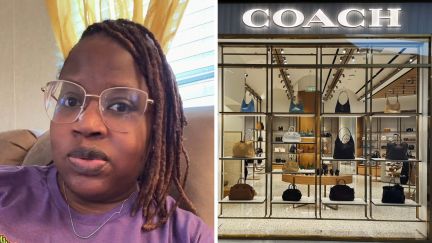 woman shares bag issue (l) coach store entrance (r)