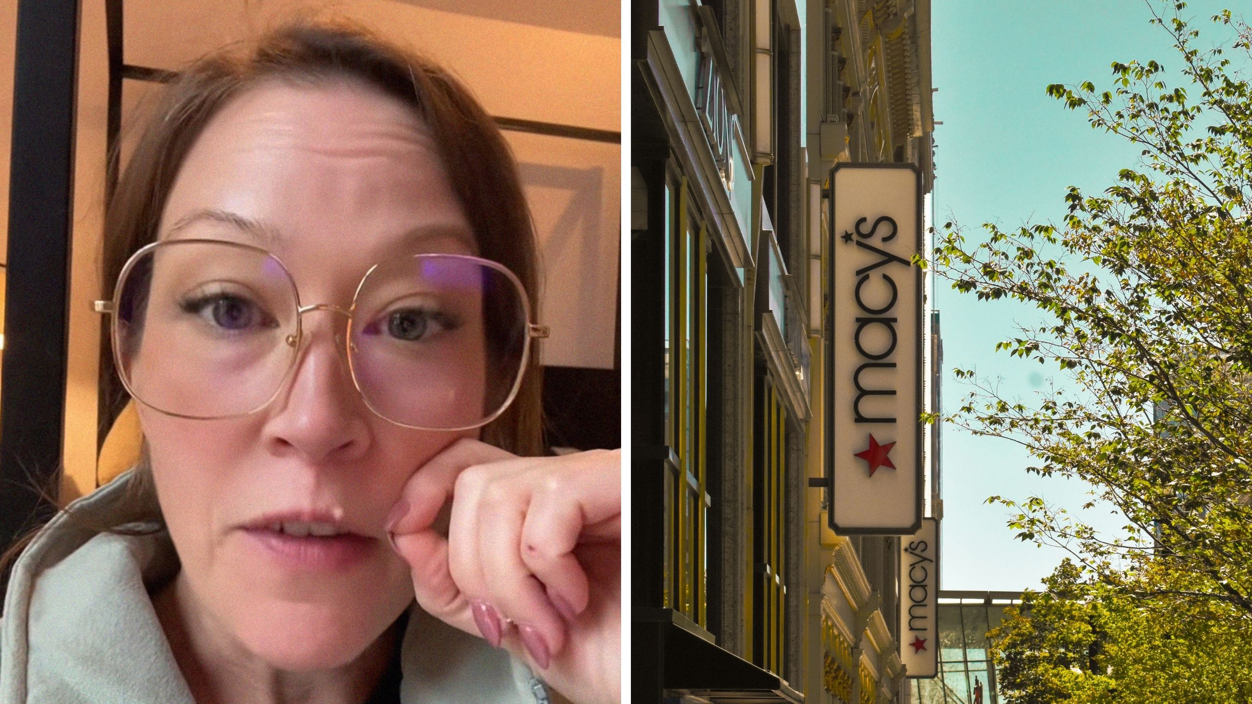 woman shares shopping issue (l) macys store entrance (r)
