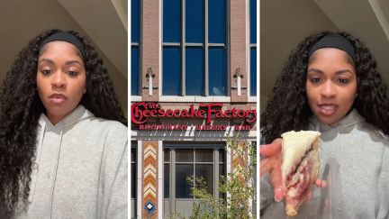 woman shares purchase (l) cheesecake factory entrance (c) woman holding up her cheesecake (r)