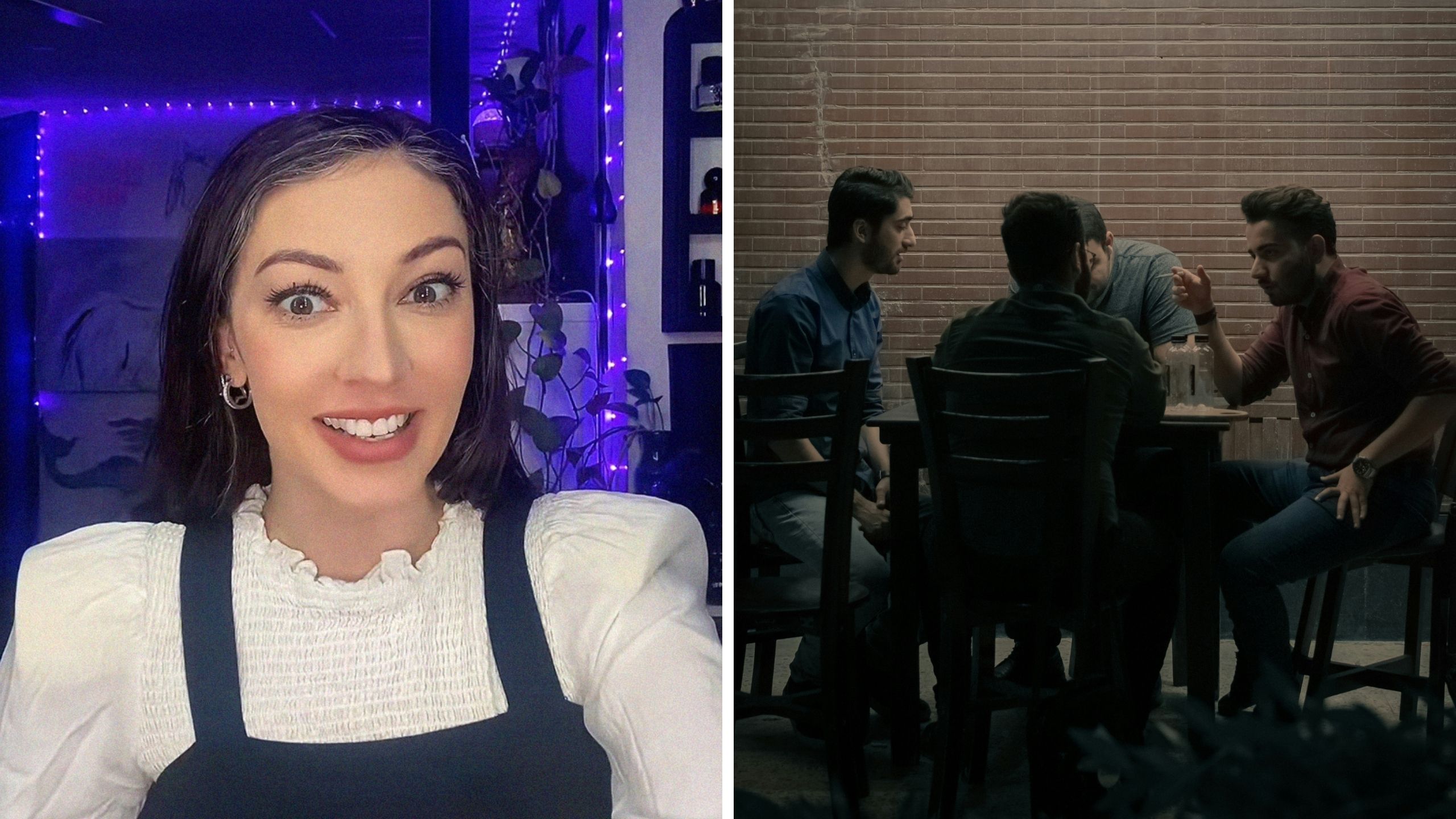 woman shares mens list (l) group of men discussing (r)