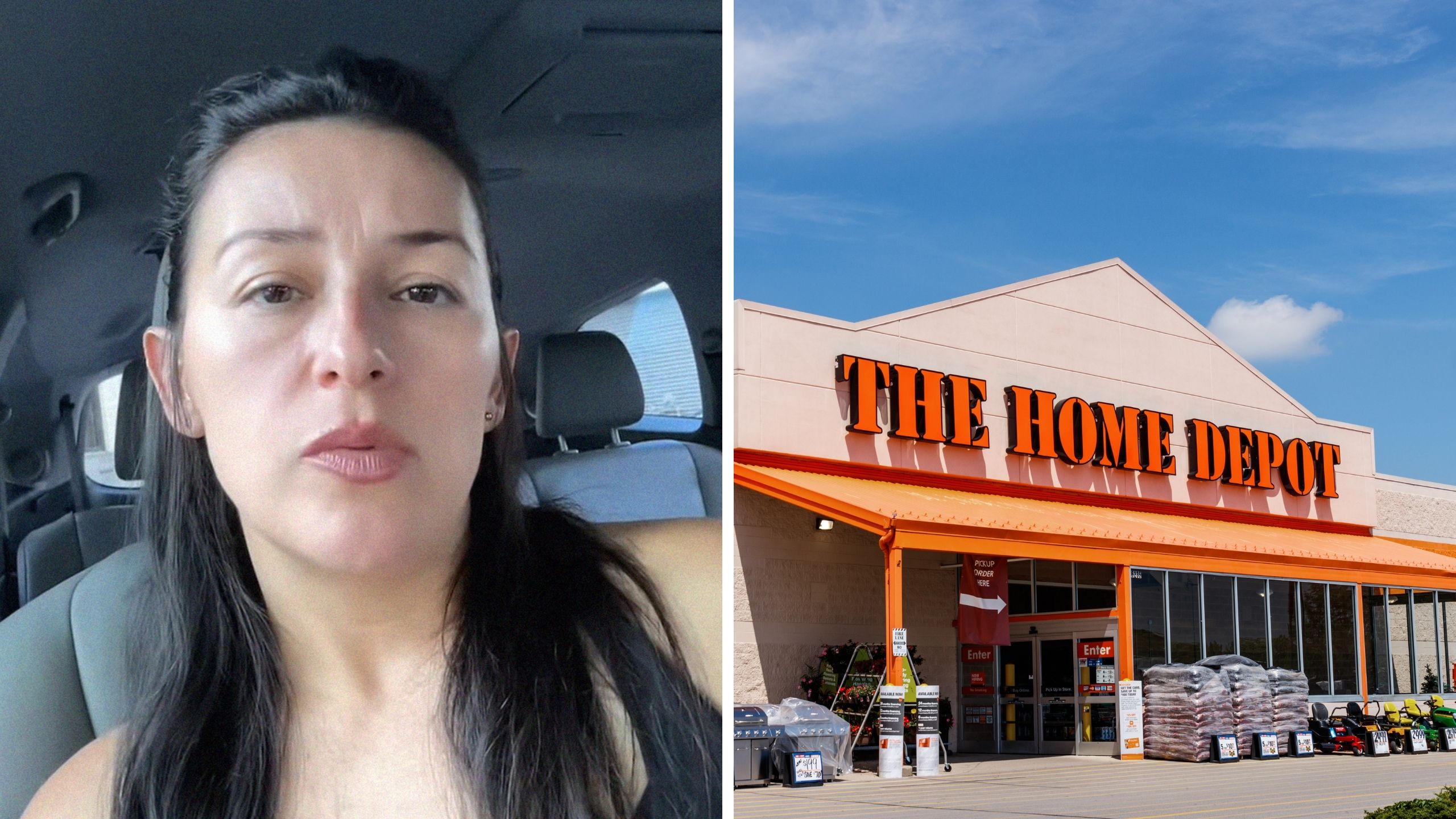 woman shares home depot experience (l) home depot entrance (r)