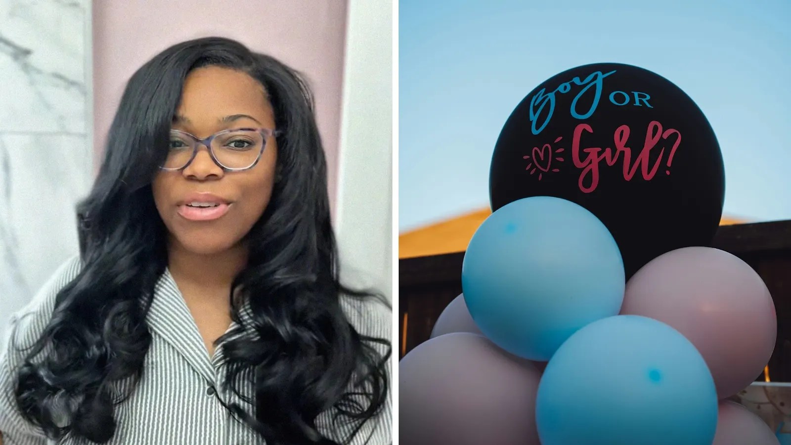 woman shares gender reveal issue (l) gender reveal balloons (r)
