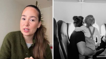 woman shares flight experience (l) baby with mom inside plane (r)