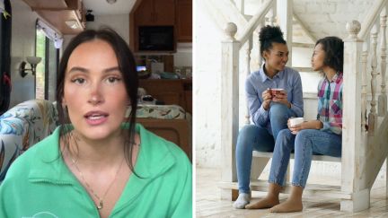 woman shares catfished story (l) roomates conversing (r)