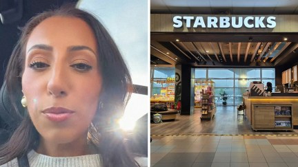 woman shares starbucks issue (l) starbucks entrance (r)