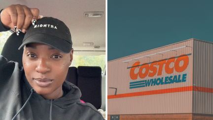 woman shares costco experience (l) costco entrance (r)
