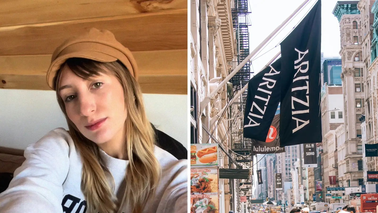 woman shares pants issue (l) Aritzia store entrance (r)