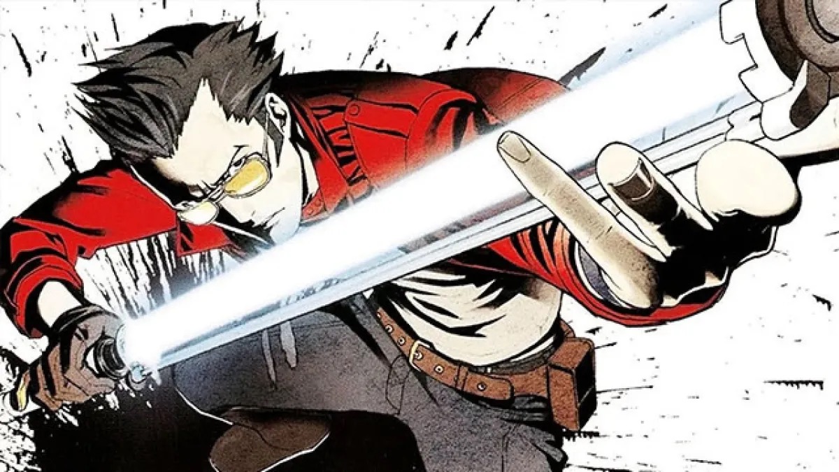 A young man brandishes a laser sword in "No More Heroes"