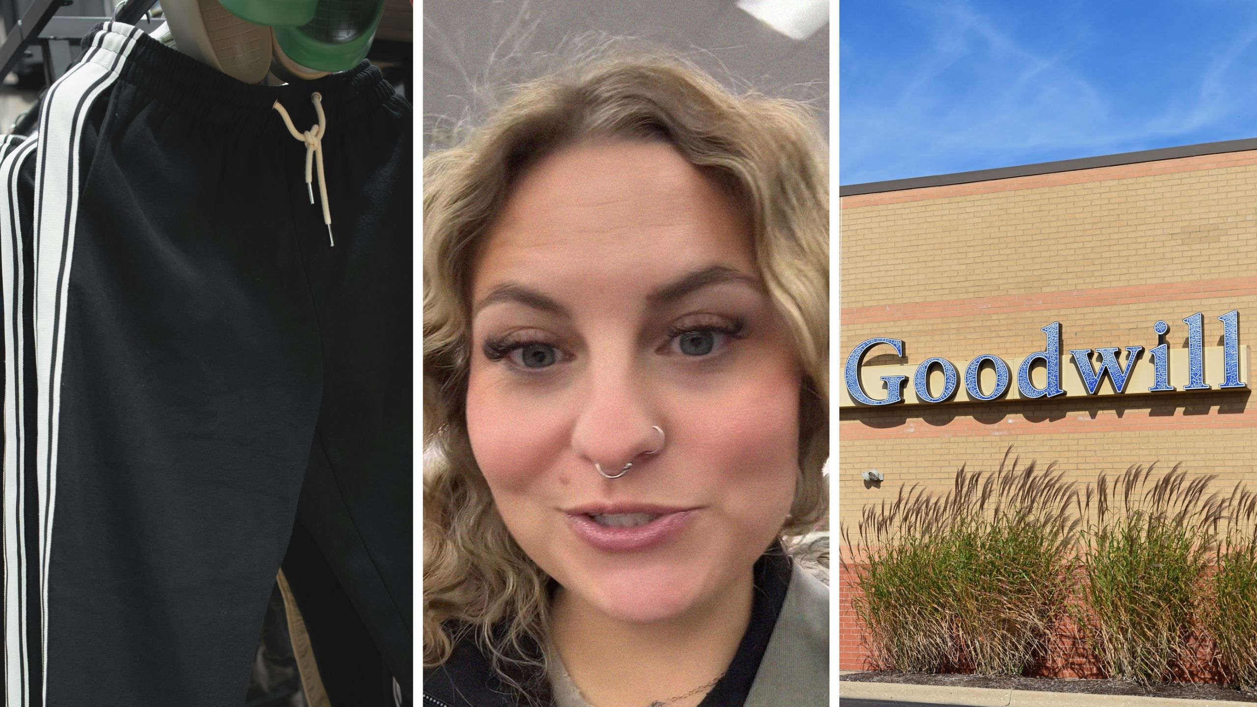 joggers hanging (l) woman shares goodwill encounter (c) goodwill store front (r)