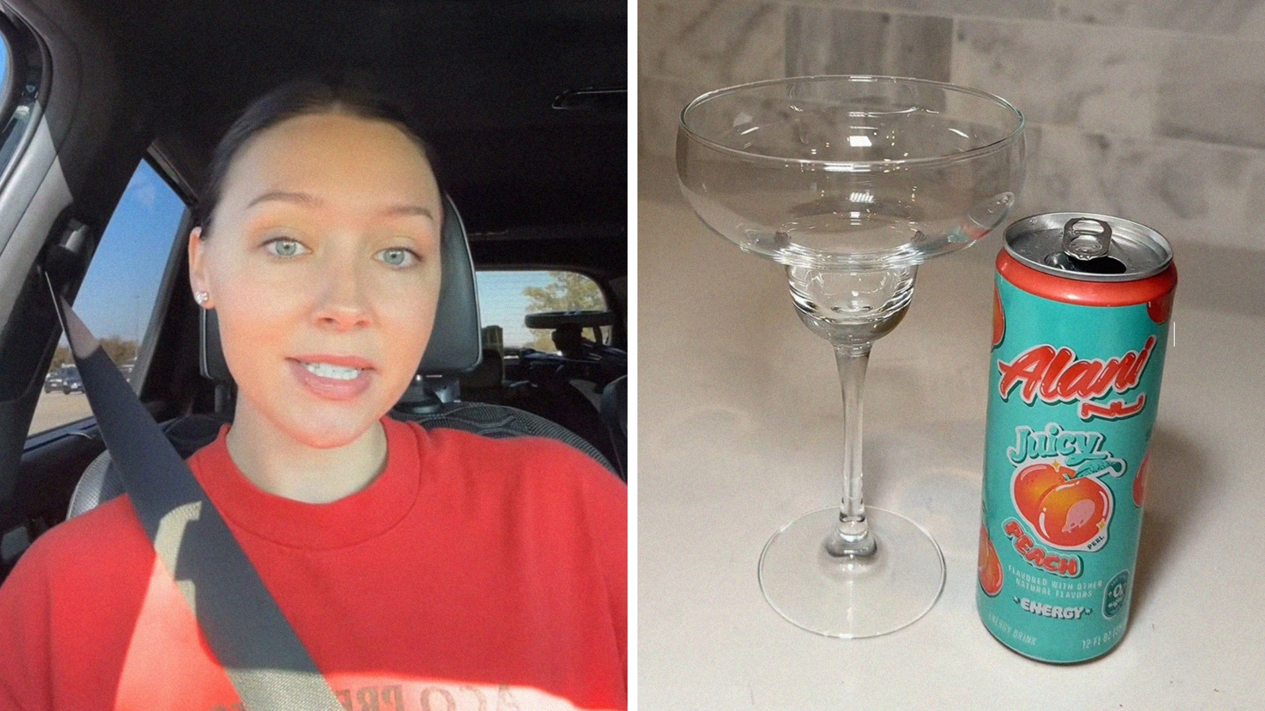 woman shares her drink opinion (l) alani peach energy drink (r)