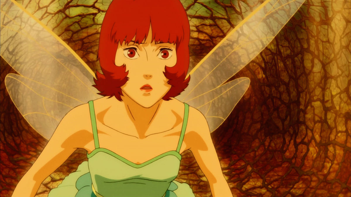 A fairy woman flies through a dreamscape in "Paprika" 