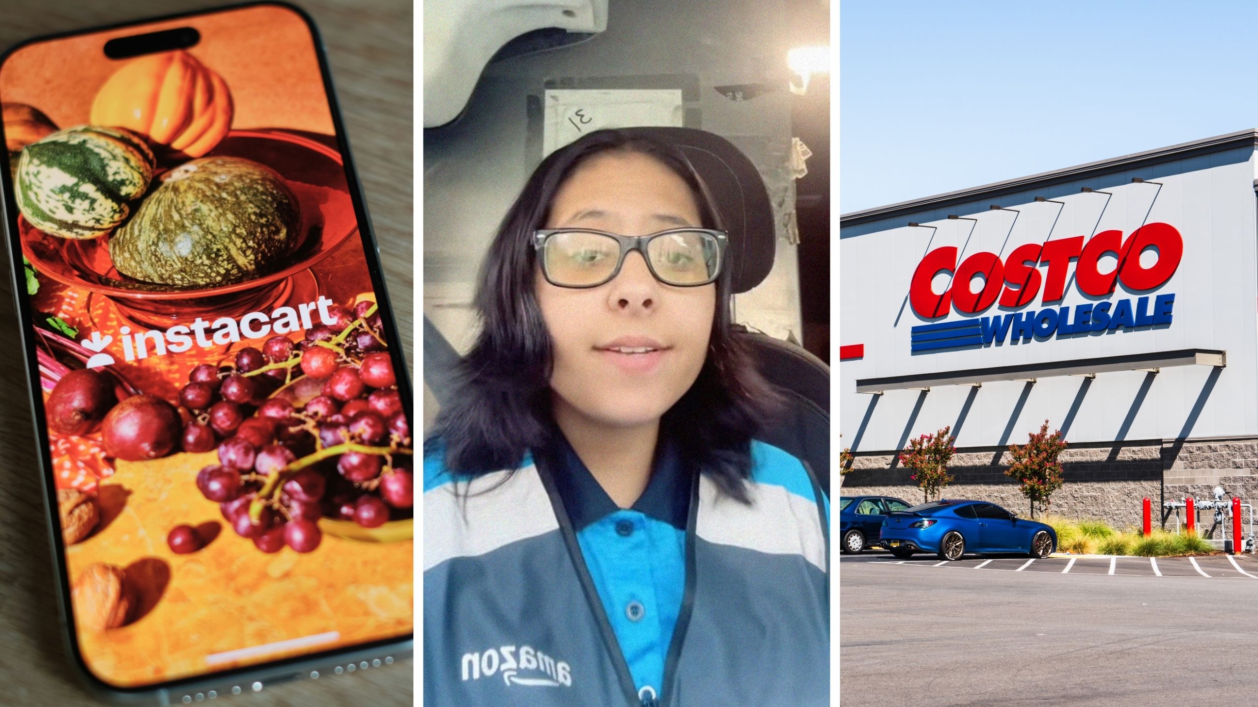 instacart app (l) woman shares work experience (c) costco store entrance (r)