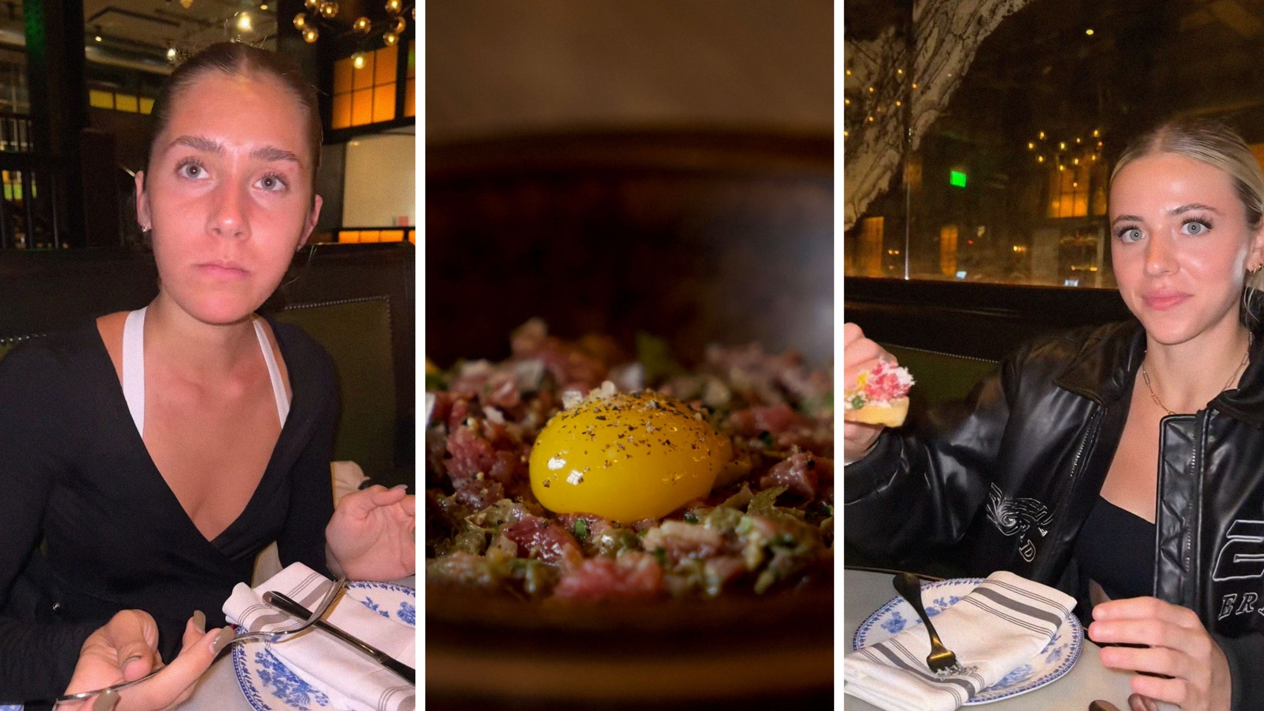 woman reacts to food (l) steak tartare (c) woman taste and shares steak tartare experience (r)