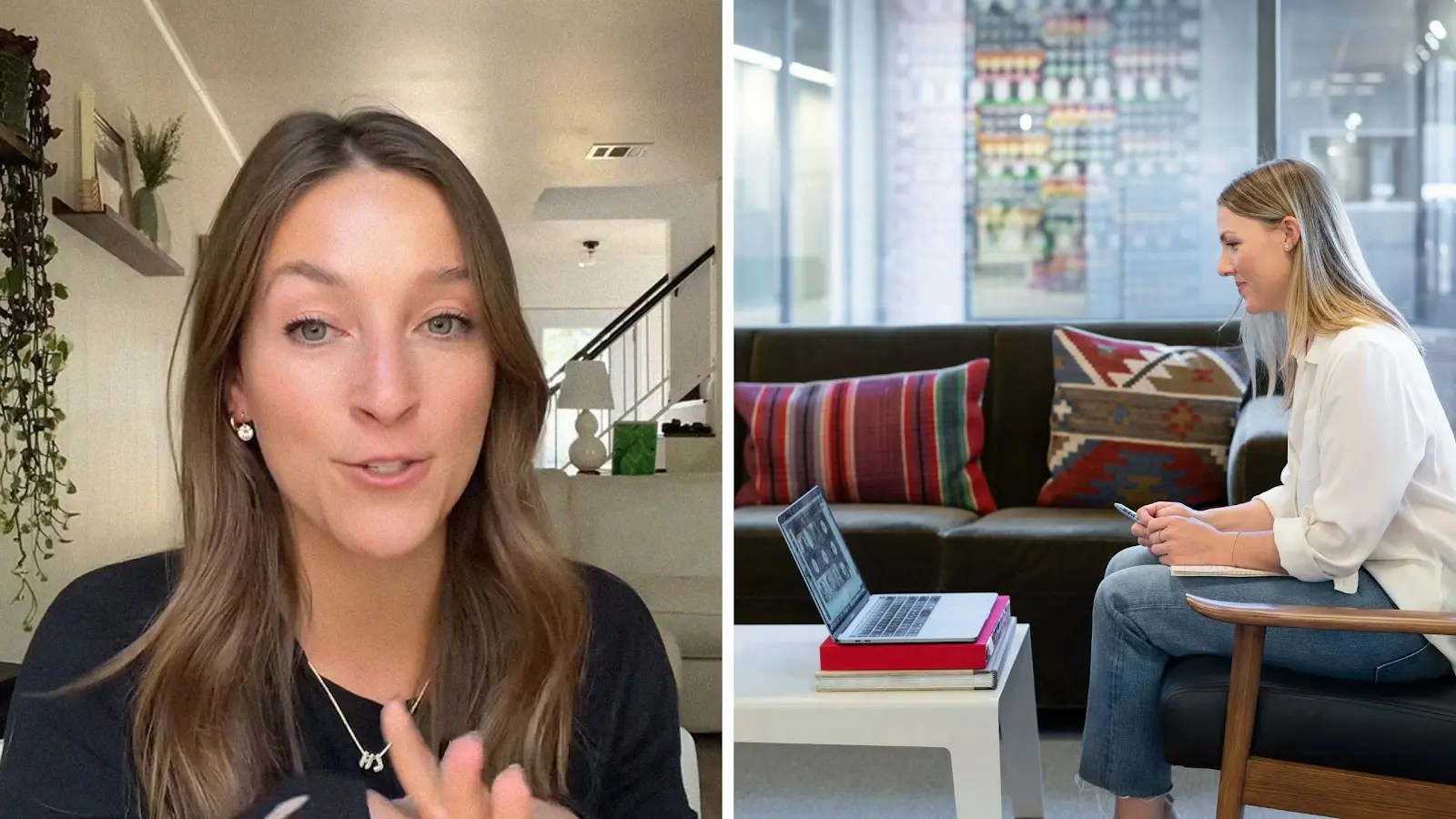 woman shares salesperson issue (l) salesperson in someones living room (r)