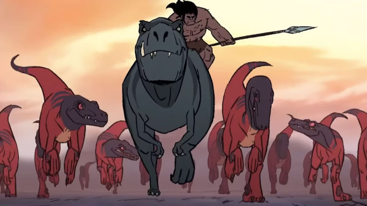 A caveman with a spear rides a dinosaur in "Primal" 